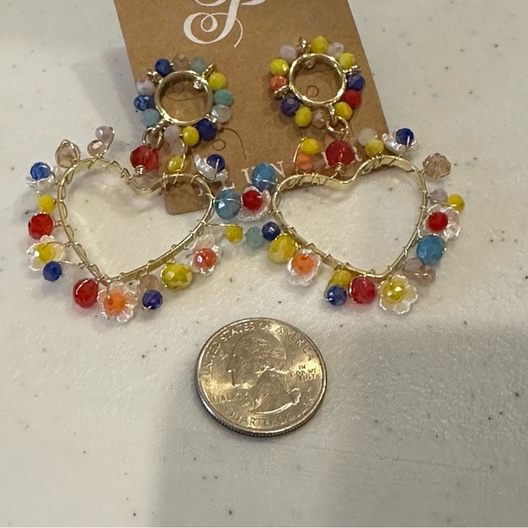 NWT “Haylebeth” Earrings by Plunder- gold tone Heart w/ colorful beads & flowers - Picture 7 of 9